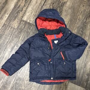 Lands End Down Puffer Parka Boys Navy Blue Red Soft Fleece Sz 5-6 Coat Winter
